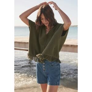 Wrap London Green Hemp Cotton Loopback Fringe Poncho Sz 4 Boho Chic Cottagecore
